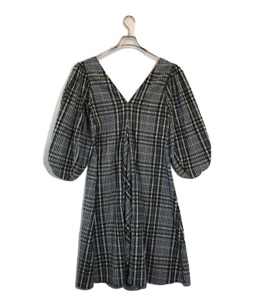GANNI（ガニー）GANNI (ガニー) Vネックバルーンスリーブチェックワンピース オリーブ サイズ:SIZE 34の古着・服飾アイテム