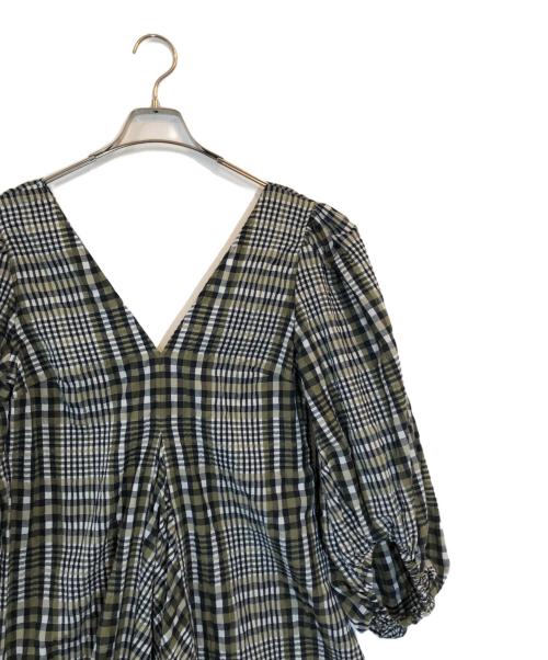GANNI（ガニー）GANNI (ガニー) Vネックバルーンスリーブチェックワンピース オリーブ サイズ:SIZE 34の古着・服飾アイテム