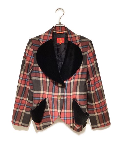 Vivienne Westwood RED LABEL（ヴィヴィアンウエストウッドレッドレーベル）Vivienne Westwood RED LABEL (ヴィヴィアンウエストウッドレッドレーベル) Tartan Check Love Jacket Setup（タータンチェックラブジャケットセットアップ） レッド サイズ:3の古着・服飾アイテム