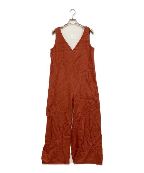 Whim Gazette（ウィムガゼット）Whim Gazette (ウィムガゼット) リネンノースリVネックコンビネゾン ブラウン サイズ:SIZE Freeの古着・服飾アイテム