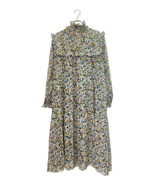 CELINE（セリーヌ）CELINE (セリーヌ) フラワープリント ギャザーフレア シルク ワンピース グリーン×ブルー サイズ:42の古着・服飾アイテム