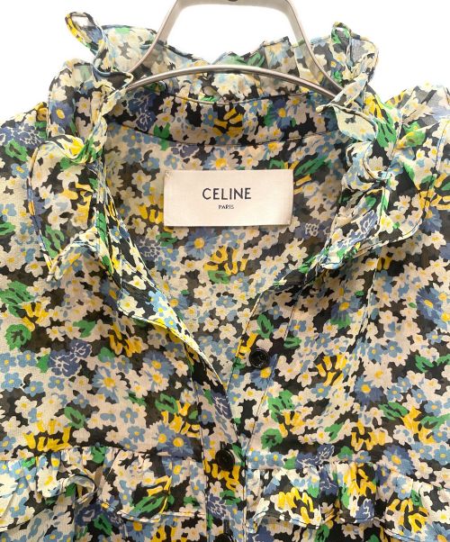 CELINE（セリーヌ）CELINE (セリーヌ) フラワープリント ギャザーフレア シルク ワンピース グリーン×ブルー サイズ:42の古着・服飾アイテム
