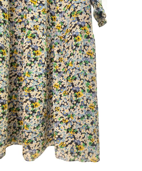 CELINE（セリーヌ）CELINE (セリーヌ) フラワープリント ギャザーフレア シルク ワンピース グリーン×ブルー サイズ:42の古着・服飾アイテム