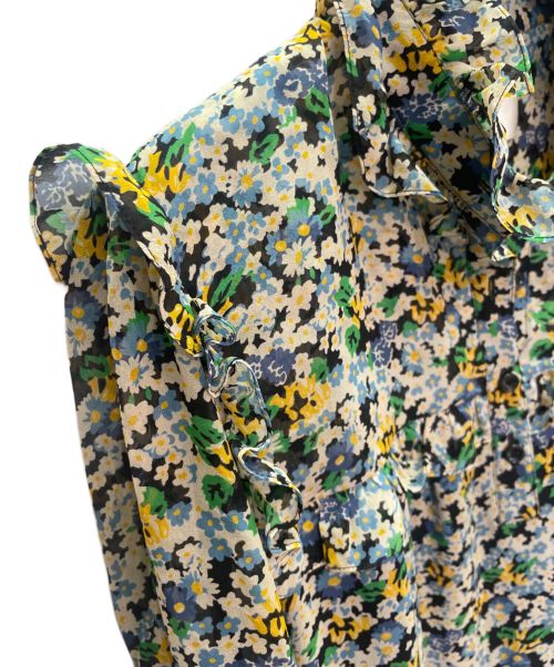 CELINE（セリーヌ）CELINE (セリーヌ) フラワープリント ギャザーフレア シルク ワンピース グリーン×ブルー サイズ:42の古着・服飾アイテム