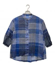 Gabardine K.T（ギャバシンケーティー）の古着「ラミーコットンチェック パフスリーブシャツ」｜ブルー
