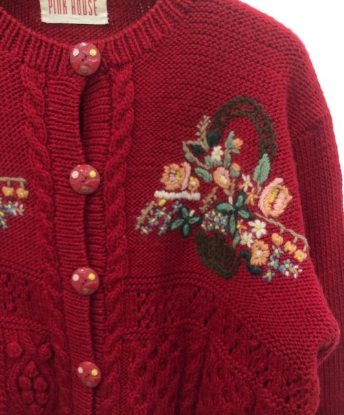 PINK HOUSE（ピンクハウス）PINK HOUSE (ピンクハウス) 花かご刺繍カーディガン レッド サイズ:表記無しの古着・服飾アイテム