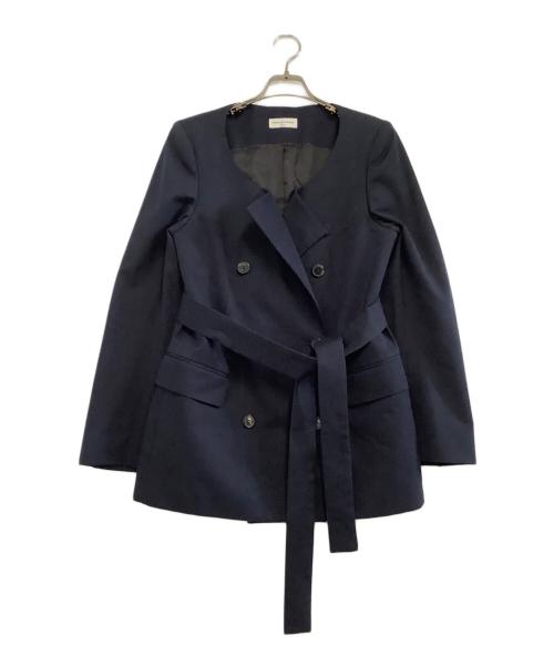 DRIES VAN NOTEN（ドリスヴァンノッテン）DRIES VAN NOTEN (ドリスヴァンノッテン) ノーカラーベルテッドジャケット ネイビー サイズ:34の古着・服飾アイテム