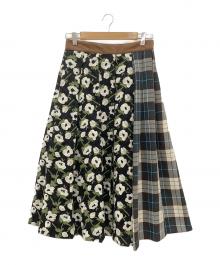 Lois CRAYON（ロイスクレヨン）の古着「サイドチェック花刺繍タックスカート」｜ネイビー