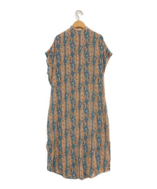 SUM1 STYLE（スミスタイル）SUM1 STYLE (スミスタイル) 前開き柄ロングシャツワンピース ブルー×オレンジ サイズ:Fの古着・服飾アイテム