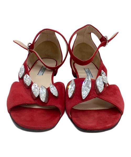 PRADA（プラダ）PRADA (プラダ) ビジューアンクルストラップサンダル レッド サイズ:38の古着・服飾アイテム