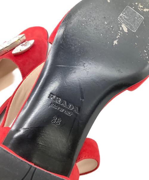 PRADA（プラダ）PRADA (プラダ) ビジューアンクルストラップサンダル レッド サイズ:38の古着・服飾アイテム