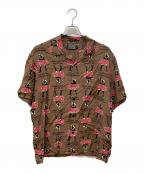 Hysteric Glamourヒステリックグラマー）の古着「VIXEN GIRL柄 オープンカラーシャツ」｜ブラウン×レッド