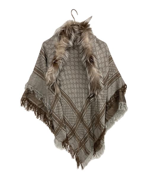 GUCCI（グッチ）GUCCI (グッチ) FOXファー付ウールシルクストール グレー×ブラウンの古着・服飾アイテム