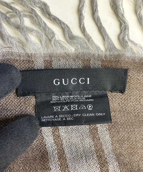 GUCCI（グッチ）GUCCI (グッチ) FOXファー付ウールシルクストール グレー×ブラウンの古着・服飾アイテム