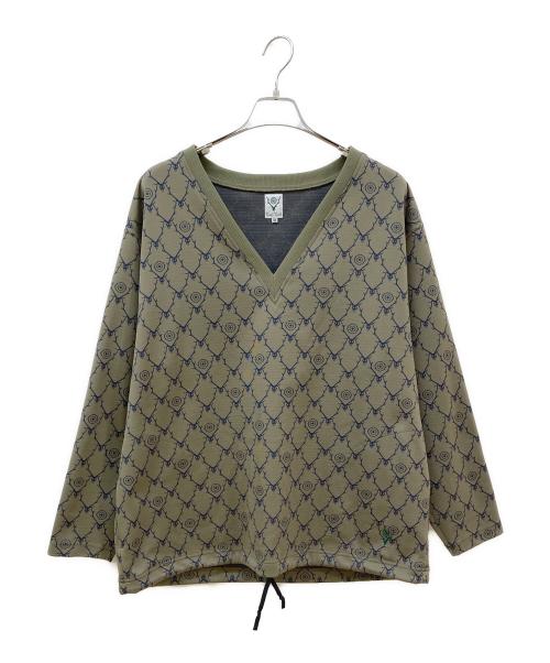 South2 West8（サウスツー ウエストエイト）South2 West8 (サウスツー ウエストエイト) String V Neck Shirt - Poly Jq. / Skull&Target カーキ サイズ:Mの古着・服飾アイテム