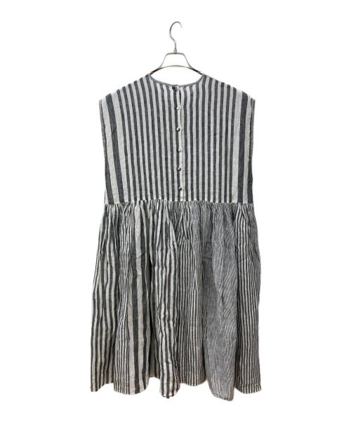 maison de soil（メゾンドソイル）maison de soil (メゾンドソイル) 80'Sパワールームリネンランダムストライプフレンチスリーブバックオープニングドレス グレー サイズ:1の古着・服飾アイテム