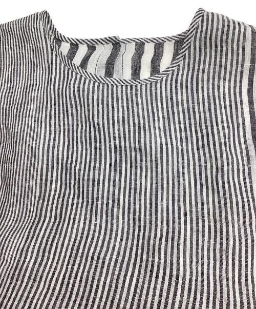 maison de soil（メゾンドソイル）maison de soil (メゾンドソイル) 80'Sパワールームリネンランダムストライプフレンチスリーブバックオープニングドレス グレー サイズ:1の古着・服飾アイテム