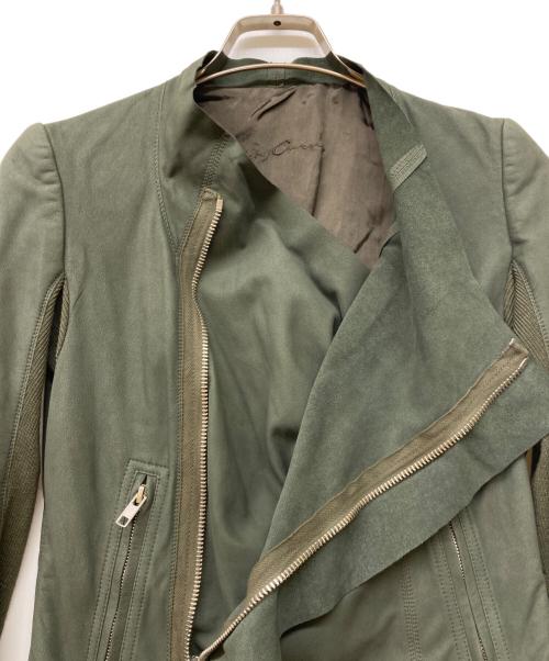 RICK OWENS（リックオウエンス）RICK OWENS (リックオウエンス) ラムレザー ローネックバイカージャケット グリーン サイズ:40の古着・服飾アイテム