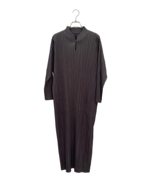 PLEATS PLEASE（プリーツプリーズ）PLEATS PLEASE (プリーツプリーズ) スタンドカラープリーツミディドレス ダークブラウン サイズ:2の古着・服飾アイテム