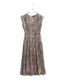 DRAWER（ドゥロワー）の古着「シルクフラワープリントウェストギャザーノースリーブ ワンピース」｜ピンク