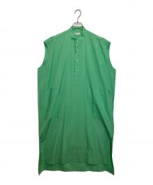 BLAMINK（ブラミンク）の古着「ストライプコットンバンドカラーノースリーブワンピース」｜グリーン