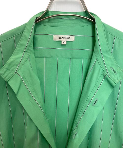 BLAMINK（ブラミンク）BLAMINK (ブラミンク) ストライプコットンバンドカラーノースリーブワンピース グリーン サイズ:36の古着・服飾アイテム