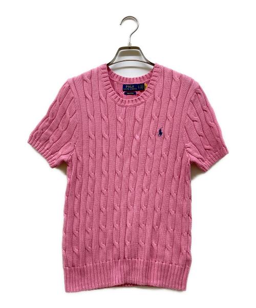 POLO RALPH LAUREN（ポロ・ラルフローレン）POLO RALPH LAUREN (ポロ・ラルフローレン) PIMA COTTON QRタグハーフスリーブケーブルニット ピンク サイズ:Lの古着・服飾アイテム