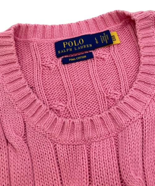 POLO RALPH LAUREN（ポロ・ラルフローレン）POLO RALPH LAUREN (ポロ・ラルフローレン) PIMA COTTON QRタグハーフスリーブケーブルニット ピンク サイズ:Lの古着・服飾アイテム