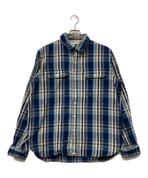 A BATHING APE（ア ベイシング エイプ）A BATHING APE (ア ベイシング エイプ) ヘビーコットンチェックシャツ ブルー サイズ:Lの古着・服飾アイテム