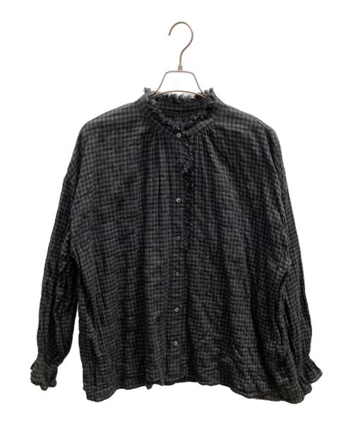 journal standard luxe（ジャーナルスタンダード ラックス）journal standard luxe (ジャーナルスタンダード ラックス) シャーリングチェック フリルパフブラウス チャコールグレー サイズ:フリーの古着・服飾アイテム