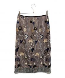 Loulou Willoughby（ルルウィルビー）の古着「BLUE GARDEN刺繍タイトスカート」｜ブラック×ピンク