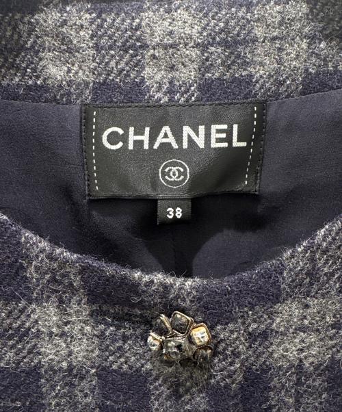 CHANEL（シャネル）CHANEL (シャネル) ウール×シルクチェックワンピース ネイビー×グレー サイズ:38の古着・服飾アイテム