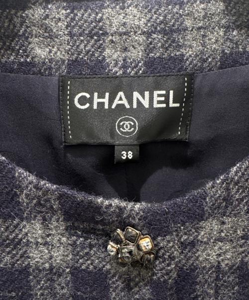 CHANEL（シャネル）CHANEL (シャネル) P73 ウール×シルクチェックワンピース ネイビー×グレー サイズ:38の古着・服飾アイテム