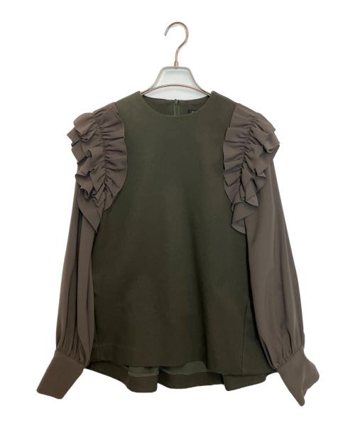 hue DAY TO EVENING（ヒュー デイ トゥ イブニング）hue DAY TO EVENING (ヒュー デイ トゥ イブニング) フリルブラウス カーキ サイズ:Mの古着・服飾アイテム