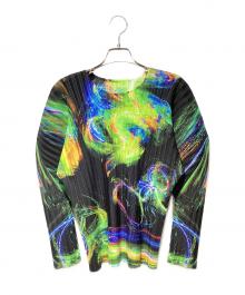 PLEATS PLEASE（プリーツプリーズ）の古着「SPECTRUM RIB/ドルマンスリーブブラウス」｜BLACK/BRIGHT GREEN