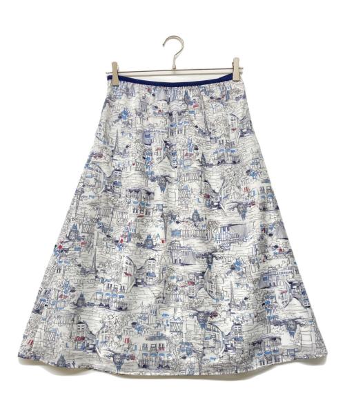 AMACA（アマカ）AMACA (アマカ) Paris line drawingプリントフレアースカート ブルー×ホワイト サイズ:38の古着・服飾アイテム