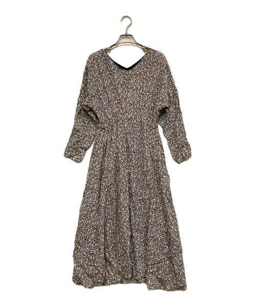 SOULEIADO（ソレイアード）SOULEIADO (ソレイアード) レーヨンプリントVネックフレアワンピース ブラック サイズ:SIZE 36の古着・服飾アイテム