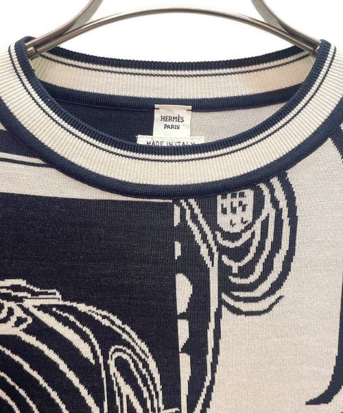 HERMES（エルメス）HERMES (エルメス) シルク混 総柄ニット ネイビー×ホワイト サイズ:38の古着・服飾アイテム