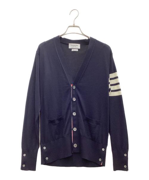 THOM BROWNE. NEW YORK（トムブラウン ニューヨーク）THOM BROWNE. NEW YORK (トムブラウンニューヨーク) 4BAR クラシック Vネック ファインメリノウール カーディガン ネイビー×ホワイト サイズ:1の古着・服飾アイテム