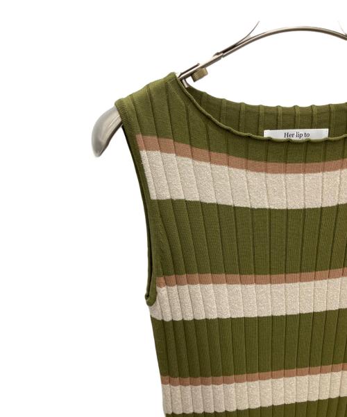 HER LIP TO（ハーリップトゥ）HER LIP TO (ハーリップトゥ) Cotton Striped Ribbed Knit Dress カーキ サイズ:M 未使用品の古着・服飾アイテム