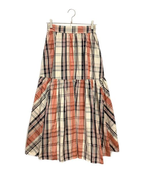 CADUNE（カデュネ）CADUNE (カデュネ) ギャザーチェックロングスカート ベージュ×オレンジ サイズ:38の古着・服飾アイテム