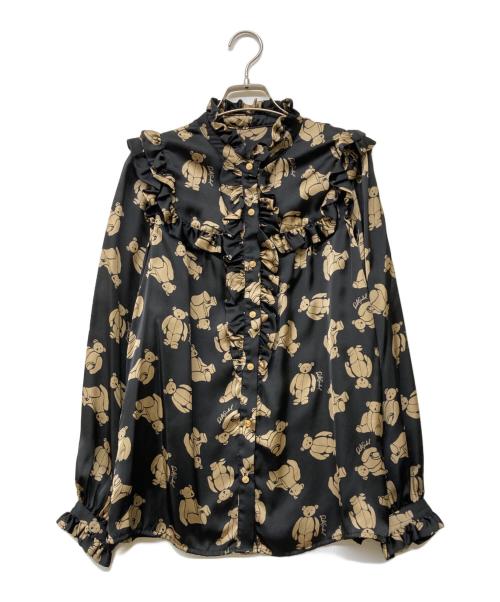 DOUBLE STANDARD CLOTHING（ダブルスタンダードクロージング）DOUBLE STANDARD CLOTHING (ダブルスタンダードクロージング) テディベア柄フリルブラウス ブラック×ブラウン サイズ:38の古着・服飾アイテム