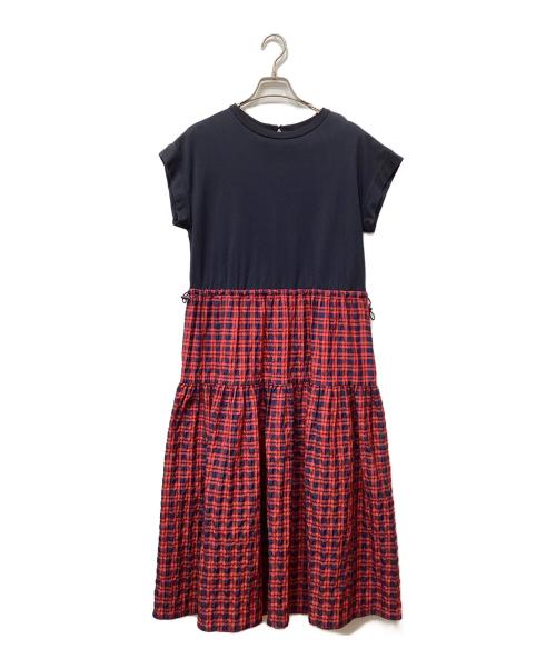DUAL VIEW（デュアルヴュー）DUAL VIEW (デュアルヴュー) ジャージ×ジャガードチェックハイパードレス レッド サイズ:40の古着・服飾アイテム