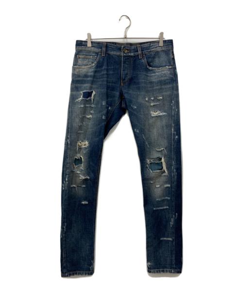 DOLCE & GABBANA（ドルチェ＆ガッバーナ）DOLCE & GABBANA (ドルチェ＆ガッバーナ) familiarワッペン ユーズド加工デニムパンツ インディゴ サイズ:48の古着・服飾アイテム