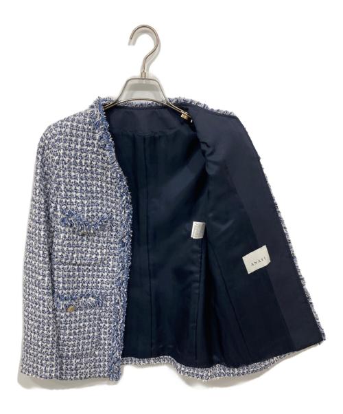 ANAYI（アナイ）ANAYI (アナイ) ミックスツイードロングノーカラー ジャケット ネイビー サイズ:34の古着・服飾アイテム