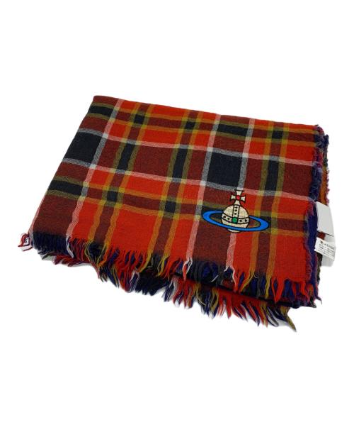 Vivienne Westwood（ヴィヴィアンウエストウッド）Vivienne Westwood (ヴィヴィアンウエストウッド) オーブ刺繍チェックストール レッドの古着・服飾アイテム