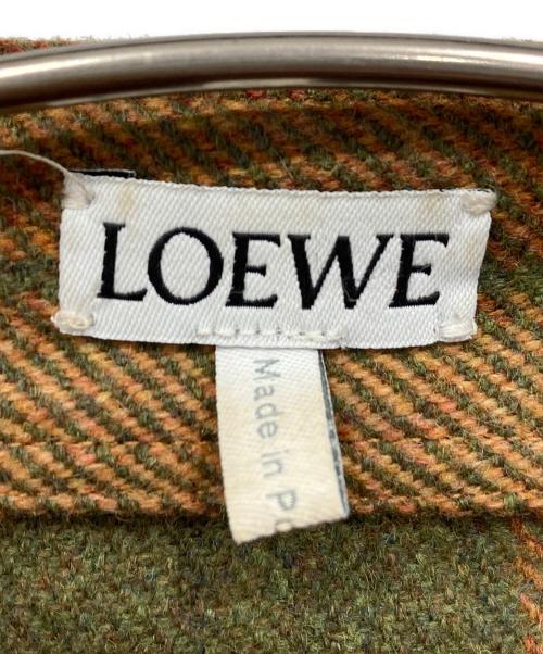 LOEWE（ロエベ）LOEWE (ロエベ) アナグラムレザーロゴパッチオーバーサイズウールチェックシャツ ブラウン サイズ:40の古着・服飾アイテム