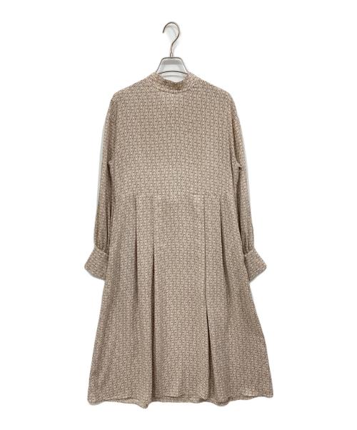 BALLSEY（ボールジィ）BALLSEY (ボールジィ) モノグラムプリント フロンタブルボウタイワンピース ベージュ サイズ:36の古着・服飾アイテム