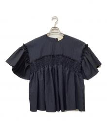 UNITED ARROWS（ユナイテッドアローズ）の古着「エアリージャカード シャーリング フレアスリーブ ブラウス」｜ネイビー
