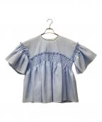 UNITED ARROWSユナイテッドアローズ）の古着「エアリージャカード シャーリング フレアスリーブ ブラウス」｜ブルー